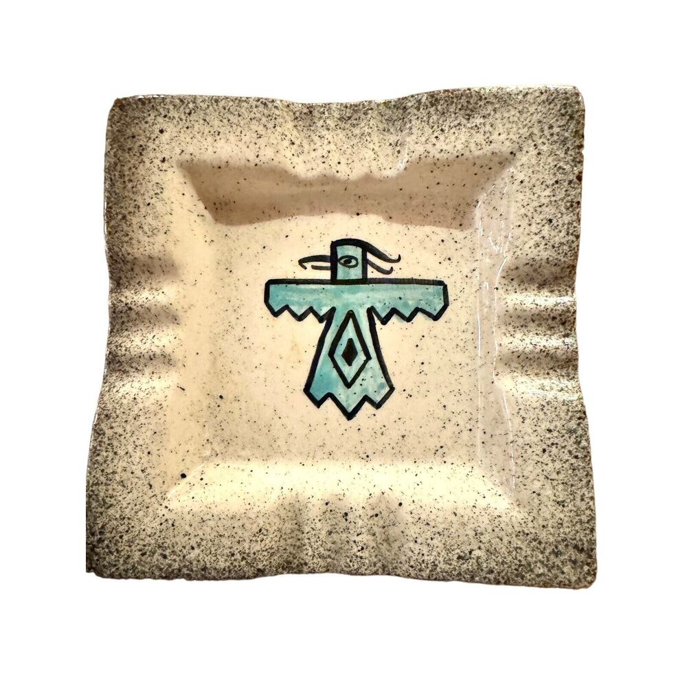 Vintage MCM Death Valley Thunderbird Ashtray Ceramic Speckle Indian Native